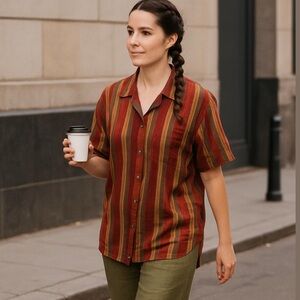 VTG ABS ALLEN SCHWARTZ WARM MULTICOLOR STRIPED BUTTON-DOWN SHORT SLEEVE SHIRT M